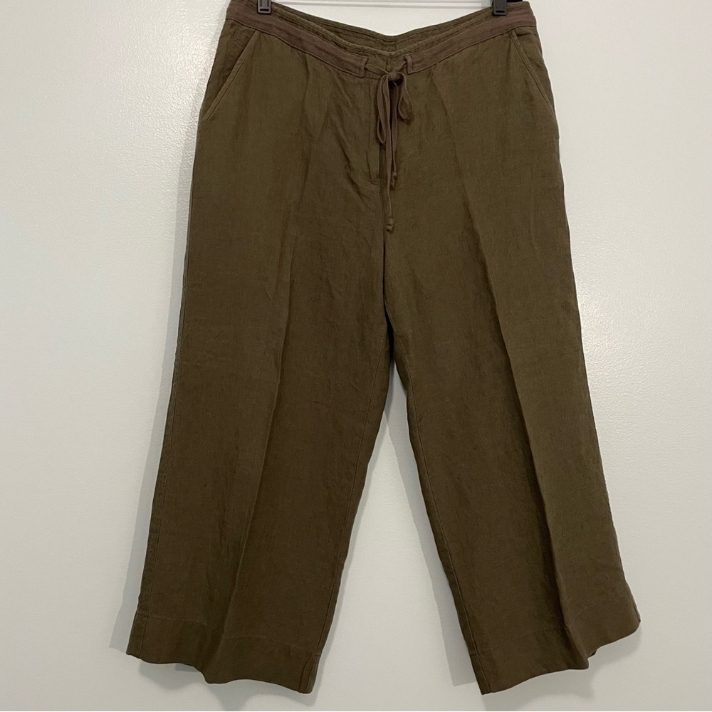 Talbots Olive Green 100% Irish Linen Wide Leg Capri Pants Size 10